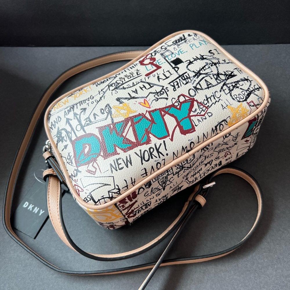 DKNY Blue and White Crossbody Bag with Urban Graffiti Design